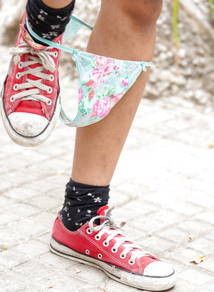 18 year old girl is pleasured with sex toys in canvas sneakers by man friend